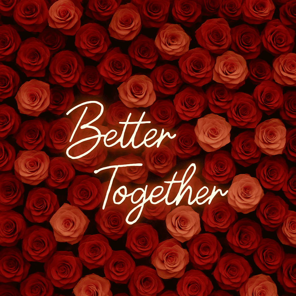 red flower wall with gold better together neon sign for any party or event